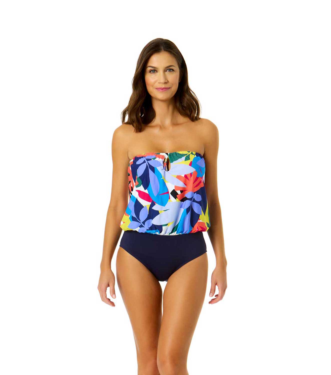 Anne Cole One Piece Tropic Stamp Bandeau Blouson Swimsuit