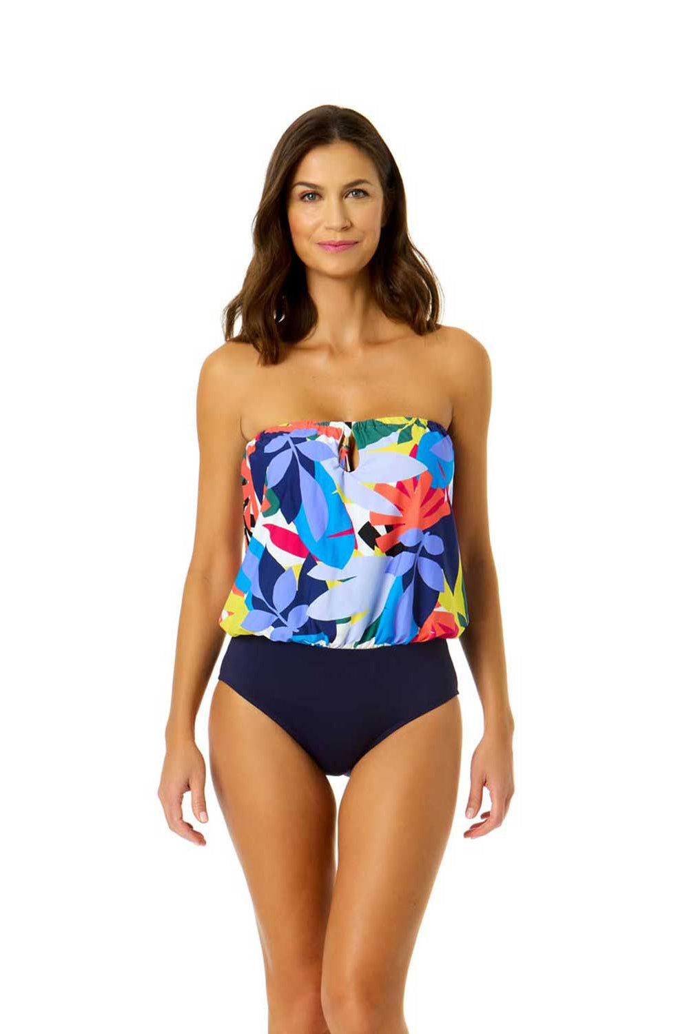 Anne Cole: One Piece Tropic Stamp Bandeau Blouson Swimsuit – Swim City