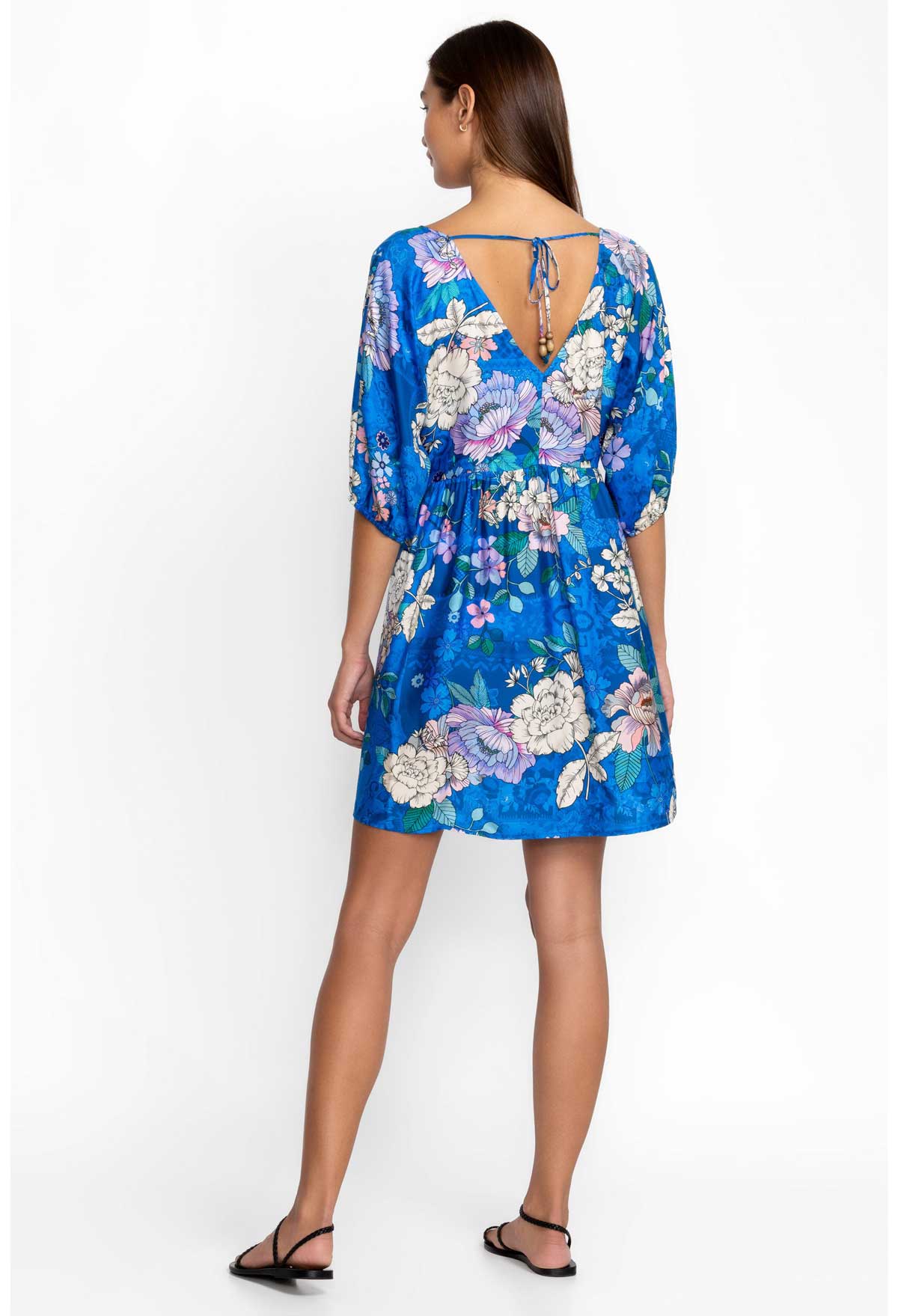 Blue dress Vasilina with embroidery, X-shaped silhouette, zipper on the  back, pockets in the side seams.