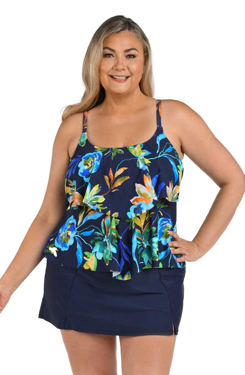 Maxine: Plus Size Indigo Vineyard Tiered Tankini Top