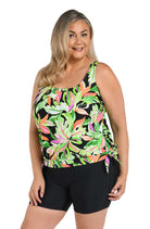 Maxine: Plus Size Rainforest Banded Scoop Blouson Tankini Top