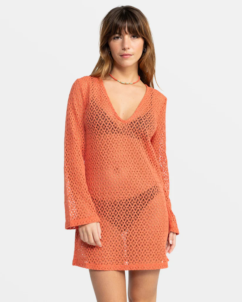 Roxy: Love Coastline Long Sleeve Crochet Beach Dress